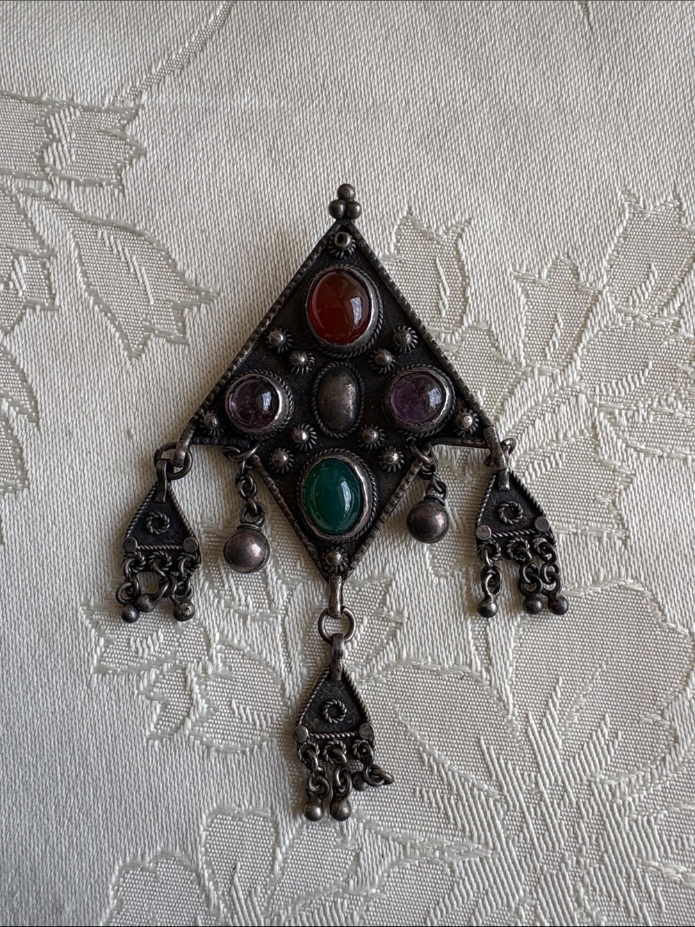 Vintage Ethnic Silver Pendant with Multicolored Gem Cabochons
